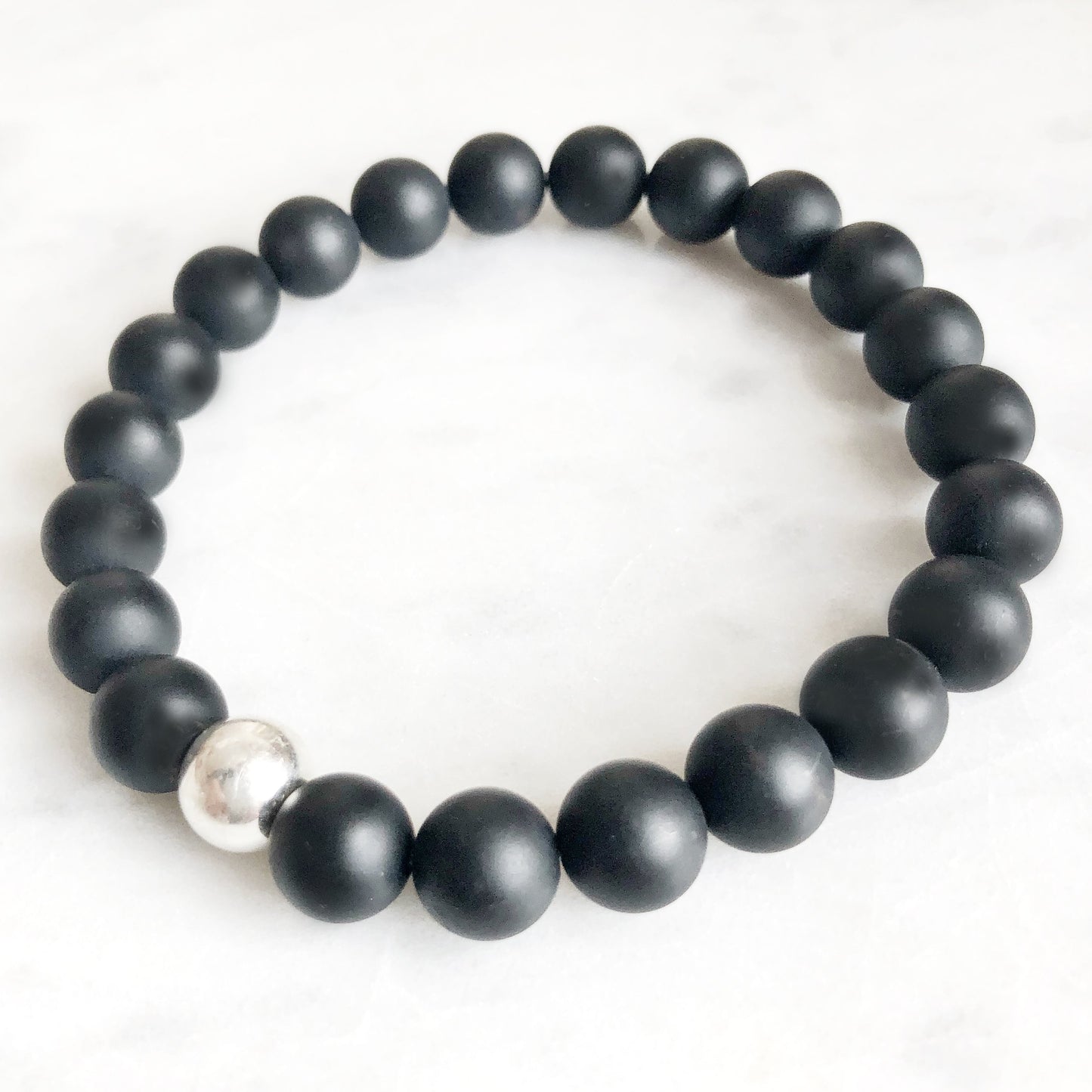 Smooth Matte 8mm Onyx & Sterling Silver Ball Bracelet - good charma