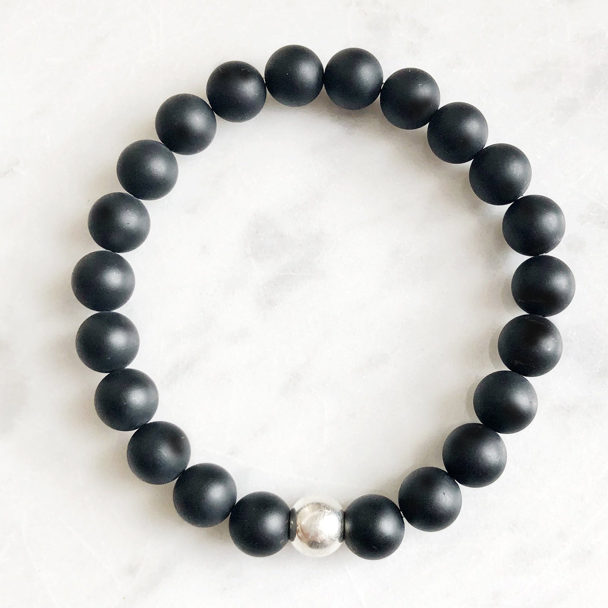 Smooth Matte 8mm Onyx & Sterling Silver Ball Bracelet - good charma