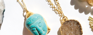 blue turquoise buddha necklace and druzy crystal necklace