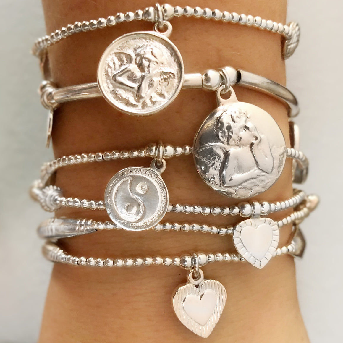 Good Charma Sterling Silver ANGELS for LUCK & PROTECTION Bracelet 6-Stack